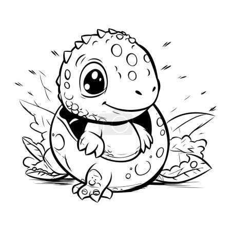 Téléchargez les illustrations : Illustration de dessin animé noir et blanc de personnage de dinosaure mignon pour livre à colorier - en licence libre de droit