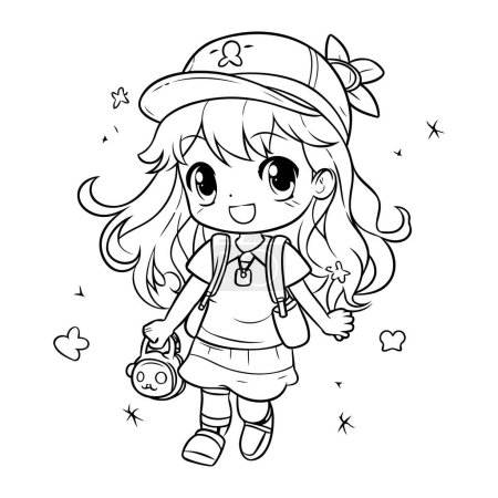 Illustration for Coloring Page Outline Of a Cute Little Girl Traveler - Royalty Free Image