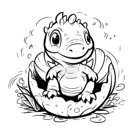 Téléchargez les illustrations : Mignon crocodile dans le nid. Illustration noir et blanc. - en licence libre de droit
