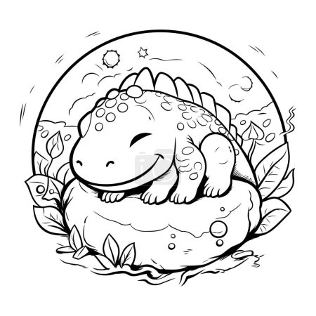 Illustration for Cute cartoon dinosaur on the rock. Vector illustration for coloring book. - Royalty Free Image