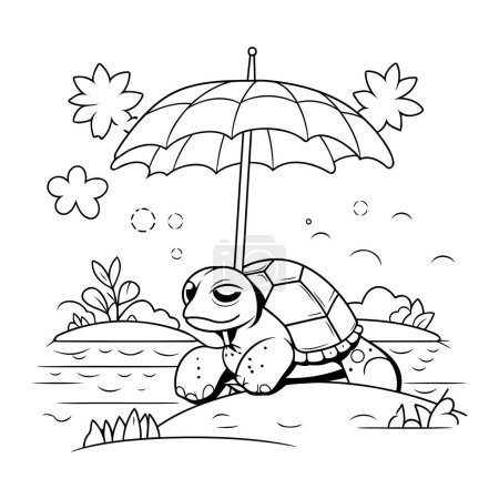 Téléchargez les illustrations : Livre à colorier pour enfants. tortue de mer avec parasol sur la plage - en licence libre de droit