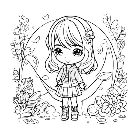 Illustration for Cute little girl cartoon in the garden. Vector illustration coloring page - Royalty Free Image