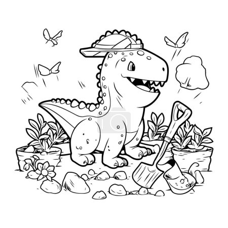 Ilustración de Dinosaurio con pala y cubo. Ilustración vectorial. Libro para colorear. - Imagen libre de derechos