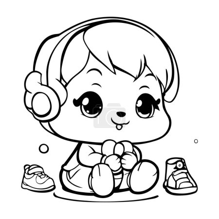Illustration for Black and White Cartoon Illustration of Cute Kid Boy or Girl Wearing Headphones Listening to Music with Sneakers - Royalty Free Image