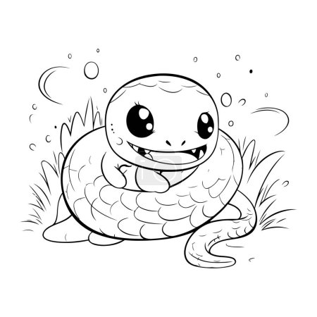 Téléchargez les illustrations : Illustration vectorielle en noir et blanc d'un serpent de dessin animé souriant dans l'herbe. - en licence libre de droit