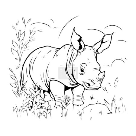 Ilustración de Rinoceronte en la hierba. Ilustración vectorial en blanco y negro. - Imagen libre de derechos