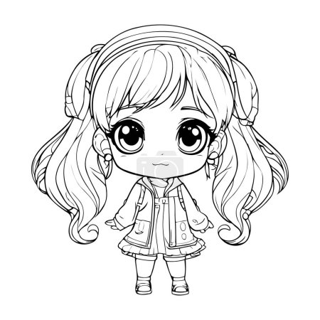 Illustration for Cute cartoon girl with headphones. Vector illustration for coloring book. - Royalty Free Image