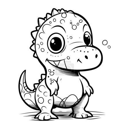 Téléchargez les illustrations : Illustration vectorielle noir et blanc de dinosaure de dessin animé mignon. Isolé sur fond blanc - en licence libre de droit