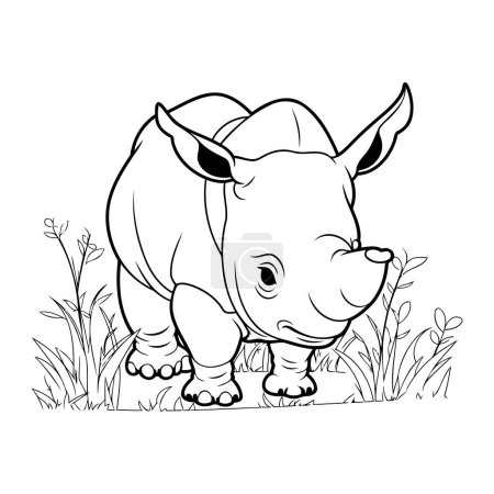 Téléchargez les illustrations : Rhinocéros dans l'herbe. Illustration vectorielle en style contour - en licence libre de droit