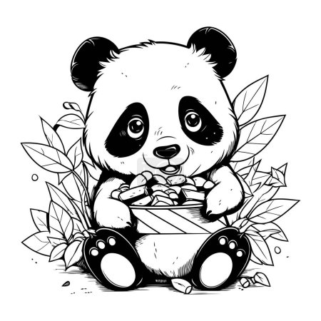 Ilustración de Bonito oso panda se sienta en una olla con comida. Ilustración vectorial. - Imagen libre de derechos