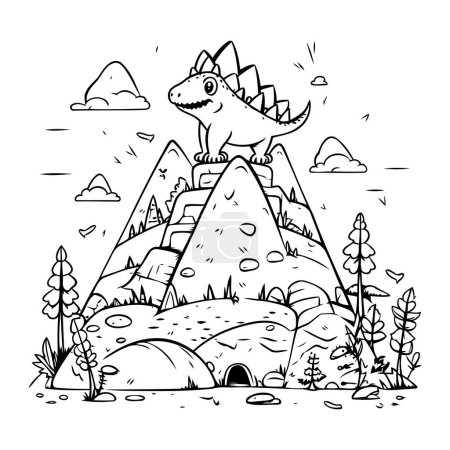 Illustration for Dinosaur on top of a mountain. Vector illustration for coloring book. - Royalty Free Image