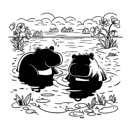 Téléchargez les illustrations : Couple hippopotame dans l'étang. Illustration vectorielle noir et blanc. - en licence libre de droit