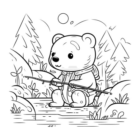 Téléchargez les photos : Mignon ours dessin animé pêche dans la forêt. Livre à colorier pour enfants - en image libre de droit