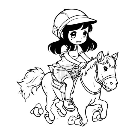 Ilustración de Linda niñita montando un caballo. Ilustración vectorial en blanco y negro - Imagen libre de derechos