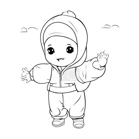 Téléchargez les illustrations : Illustration vectorielle d'un petit garçon en imperméable chaud et écharpe. - en licence libre de droit