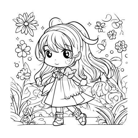 Téléchargez les illustrations : Jolie petite fille dans le jardin. Illustration vectorielle pour livre à colorier - en licence libre de droit