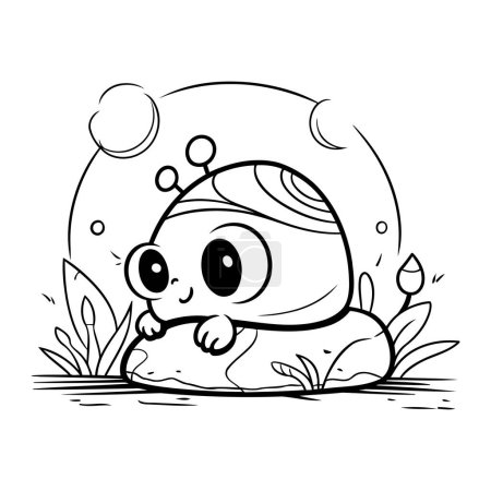 Illustration for Cute cartoon snail on stone. Vector illustration for coloring book. - Royalty Free Image