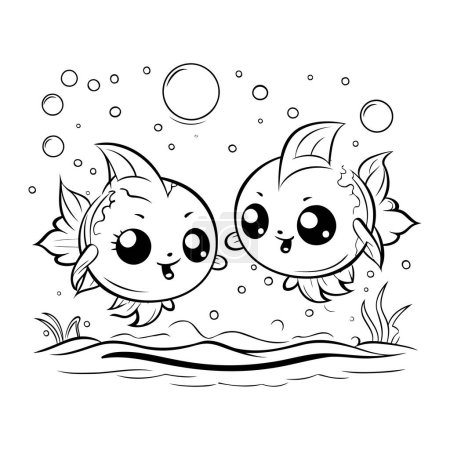 Ilustración de Libro para colorear para niños. dos peces lindos nadando en el mar - Imagen libre de derechos