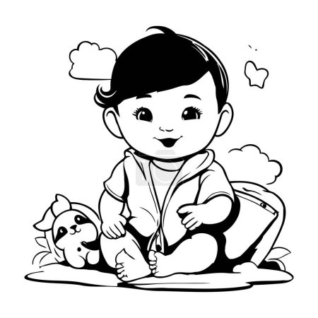 Téléchargez les illustrations : Illustration de dessin animé noir et blanc de mignon petit garçon jouant avec le chien - en licence libre de droit