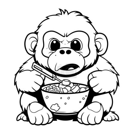 Illustration for Monkey eating a bowl of cereals. Black and white illustration. - Royalty Free Image