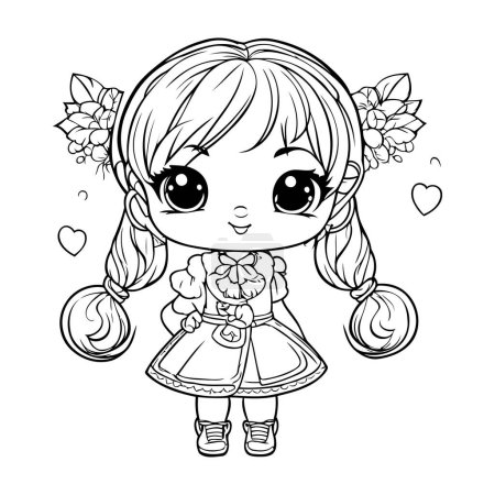 Illustration for Cute little girl with flowers and hearts. Vector illustration for coloring book. - Royalty Free Image