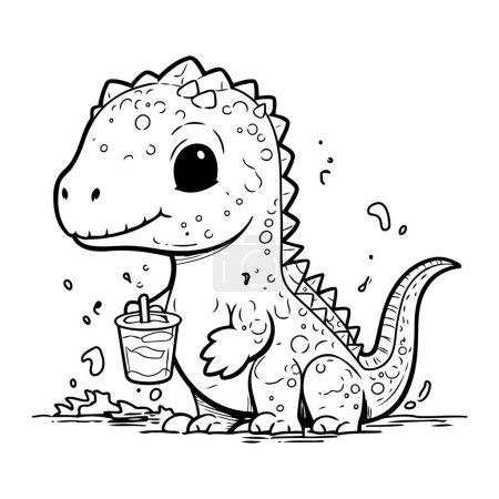 Illustration for Cute dinosaur with a glass of juice. Vector illustration for coloring book. - Royalty Free Image