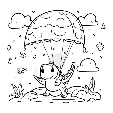 Ilustración de Página para colorear Esquema de lindo paracaídas de elefante de dibujos animados - Imagen libre de derechos