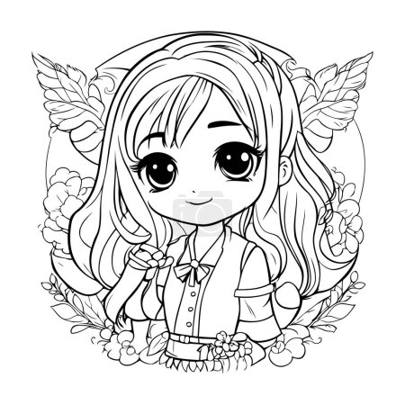 Photo for Cute little girl with flowers and butterfly. Vector illustration for coloring book. - Royalty Free Image