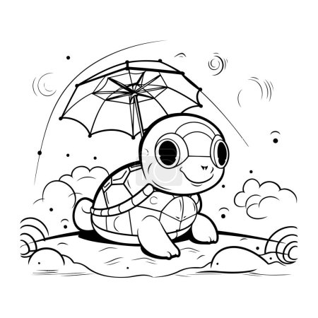 Téléchargez les illustrations : Illustration vectorielle noir et blanc d'une petite tortue avec un parapluie. Cartoon style. - en licence libre de droit