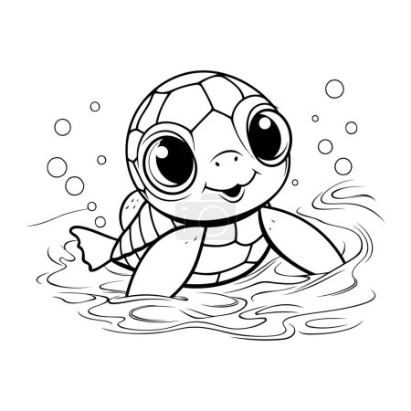 Téléchargez les illustrations : Mignon dessin animé tortue nager dans la mer. Livre à colorier pour enfants. - en licence libre de droit
