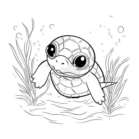 Téléchargez les illustrations : Jolie petite tortue dans l'eau. Livre à colorier pour enfants. - en licence libre de droit