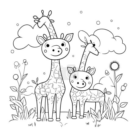 Téléchargez les illustrations : Mignon couple girafes dans le champ personnages vectoriel illustration conception - en licence libre de droit