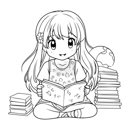 Illustration for Cute little girl reading a book. Vector illustration for coloring book. - Royalty Free Image