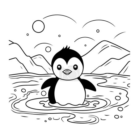 Téléchargez les illustrations : Mignon pingouin dans l'eau. Illustration vectorielle noir et blanc. - en licence libre de droit