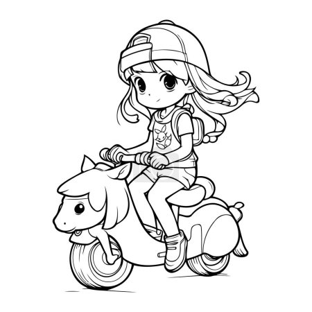Illustration for Cute little girl riding scooter. Vector illustration for coloring book. - Royalty Free Image