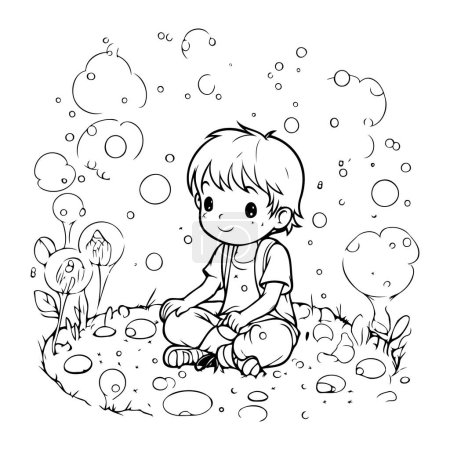 Illustration for Coloring Page Outline Of a Cute Little Boy Playing With Soap Bubbles - Royalty Free Image