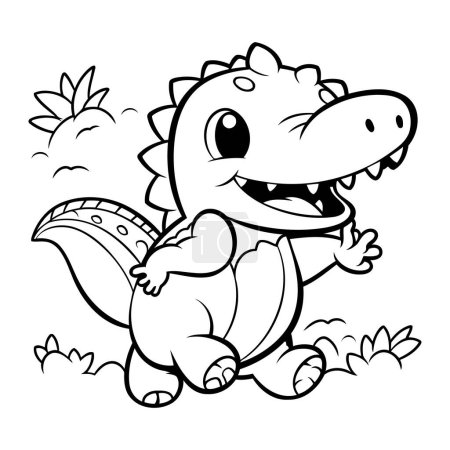 Ilustración de Ilustración de dibujos animados en blanco y negro de lindo personaje animal de dinosaurio para colorear libro - Imagen libre de derechos