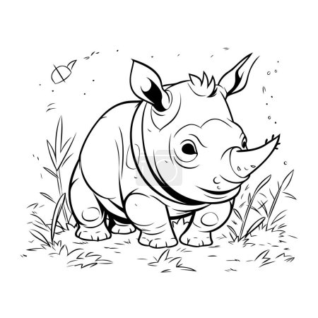 Ilustración de Lindo rinoceronte de dibujos animados. Ilustración vectorial en blanco y negro. - Imagen libre de derechos
