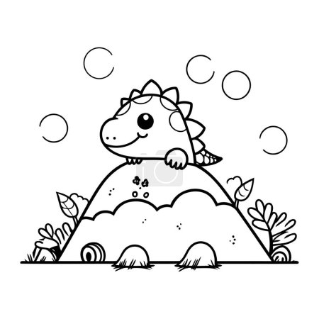 Illustration for Cute little dinosaur cartoon vector illustration graphic design in black and white - Royalty Free Image