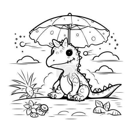 Illustration for Dinosaur with umbrella. Vector illustration for coloring book or page. - Royalty Free Image