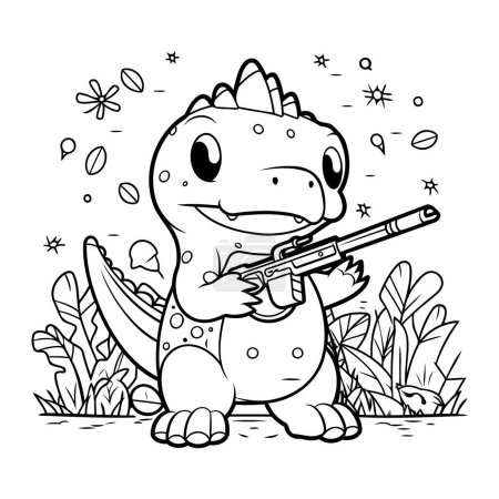 Téléchargez les illustrations : Dinosaure de bande dessinée avec une arme. Illustration vectorielle. Livre à colorier - en licence libre de droit