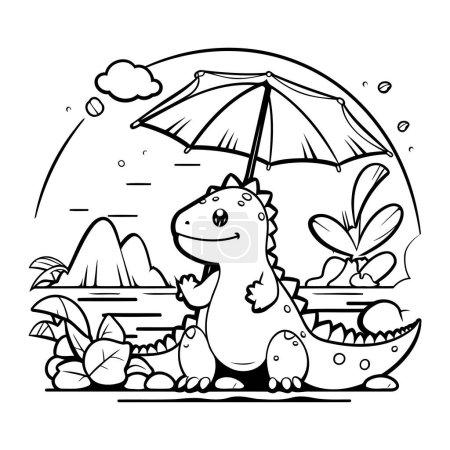 Téléchargez les illustrations : Mignon dinosaure avec parapluie. Illustration vectorielle noir et blanc pour livre à colorier. - en licence libre de droit