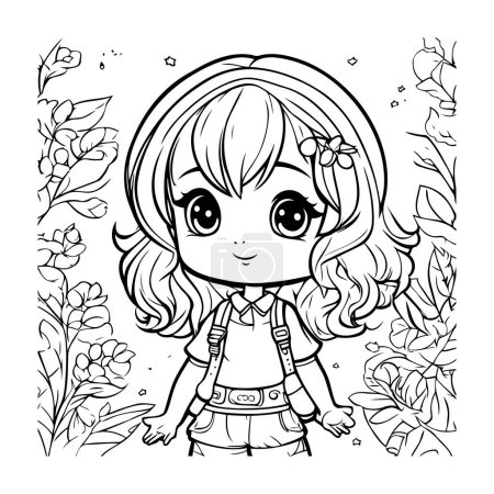 Illustration for Coloring page of cute little girl with flowers. Vector illustration. - Royalty Free Image