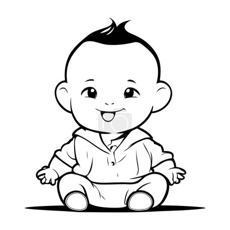 Téléchargez les illustrations : Mignon bébé garçon assis et souriant noir et blanc illustration de bande dessinée - en licence libre de droit