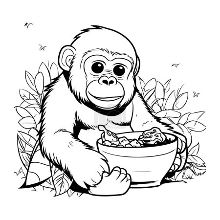 Illustration for Monkey and bowl of oatmeal. Monochrome vector illustration. - Royalty Free Image
