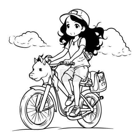 Illustration for Cute girl riding a bicycle with her dog. Vector illustration. - Royalty Free Image