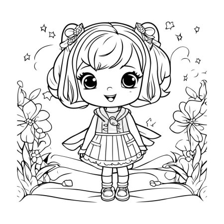 Illustration for Cute little girl in the garden. Vector illustration for coloring book. - Royalty Free Image
