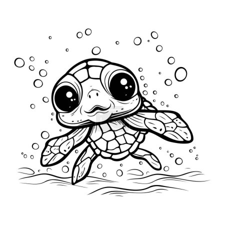 Téléchargez les illustrations : Illustration en noir et blanc d'une jolie tortue dessin animé nageant dans la mer. - en licence libre de droit