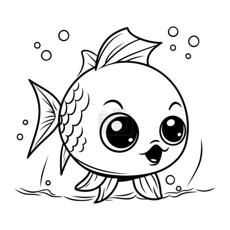 Ilustración de Ilustración de dibujos animados en blanco y negro de lindo personaje animal de pescado para colorear libro - Imagen libre de derechos