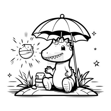 Ilustración de Ilustración vectorial de un lindo dinosaurio con un paraguas. Esquema blanco y negro. - Imagen libre de derechos